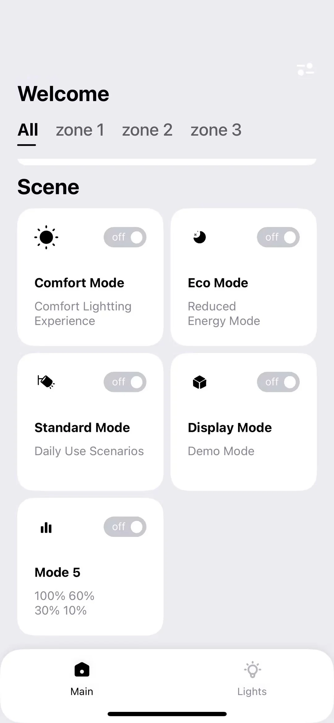 Sense app — Welcome scene picker showing Comfort, Eco, Standard, Display, and Dynamic Mode